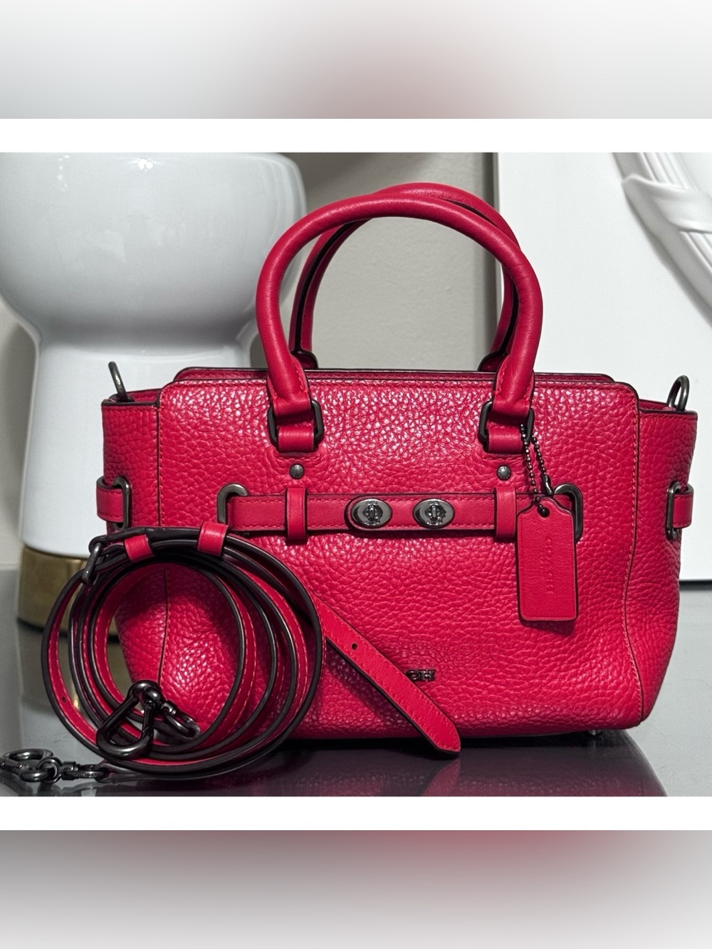COACH Mini Blake Pebbled Leather Crossbody Carryall, RED - Picture 2 of 9